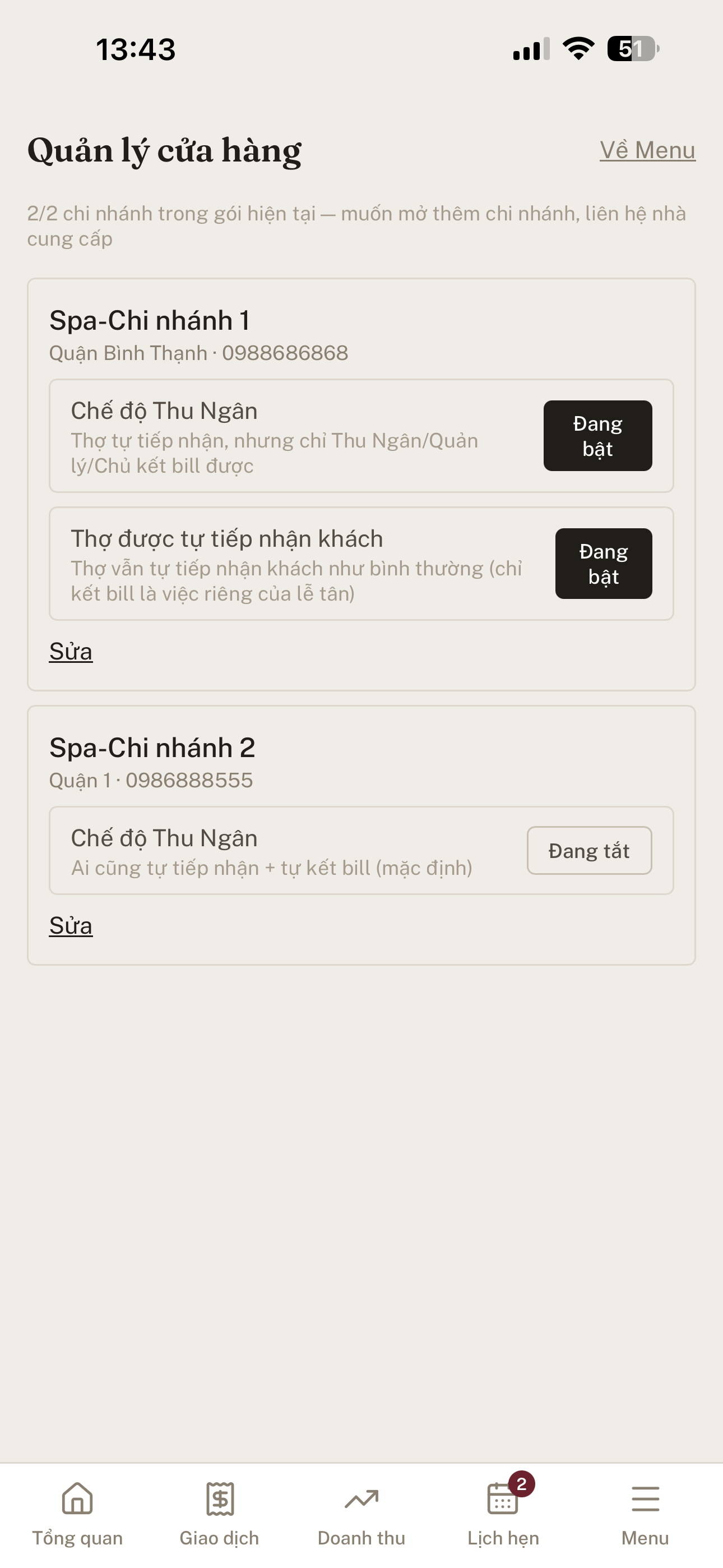 Trang quản lý cửa hàng với 2 công tắc Thu Ngân và Thợ tự tiếp nhận