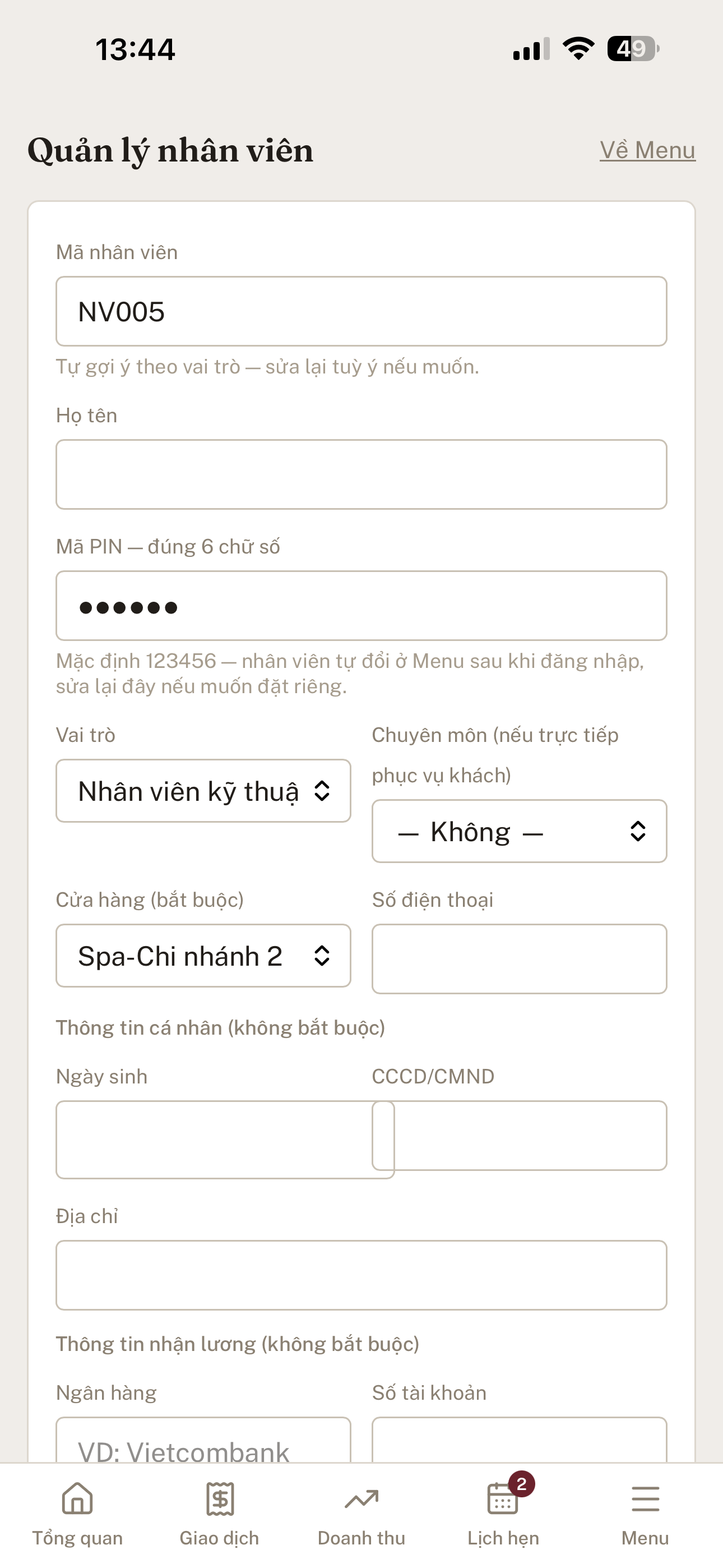 Form tạo nhân viên mới