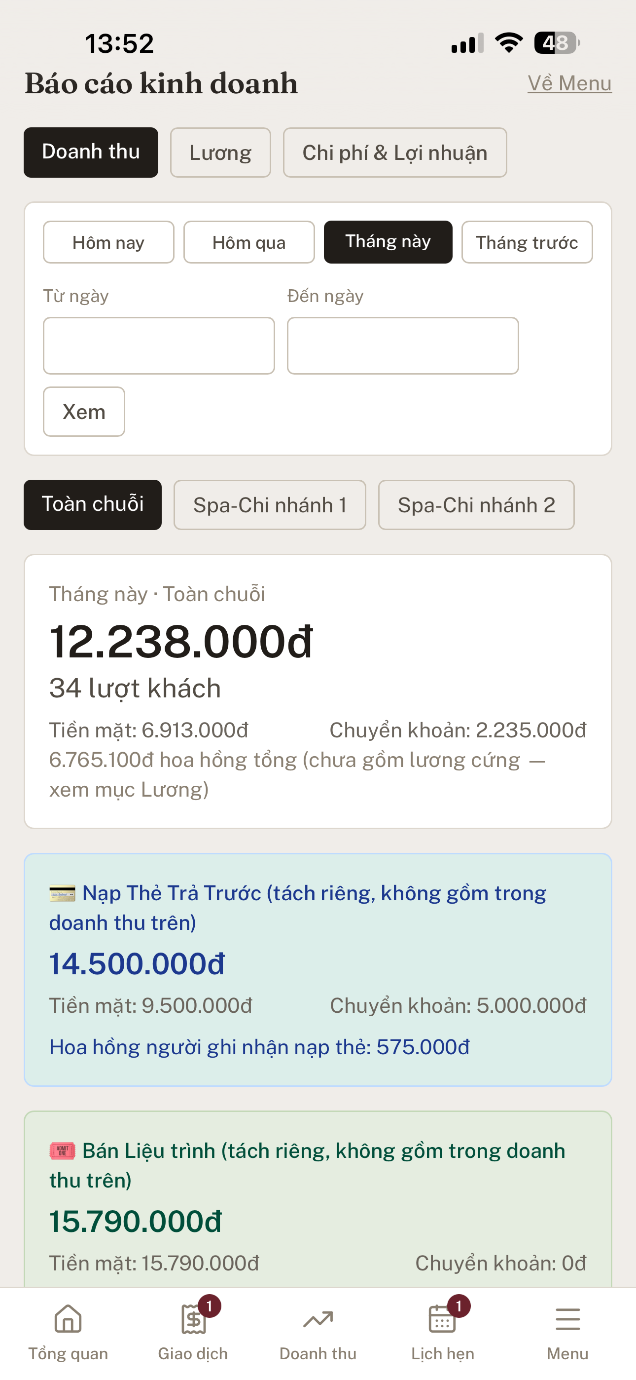 Bộ chọn Toàn chuỗi hoặc từng chi nhánh ở Báo cáo kinh doanh